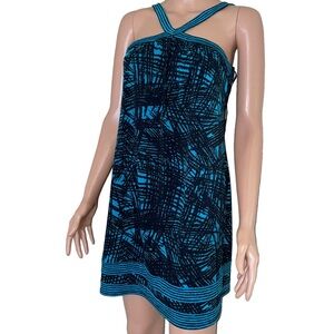 BCBG Maxazria Mini Dress abstract black & teal slinky stretch strappy SZ XS